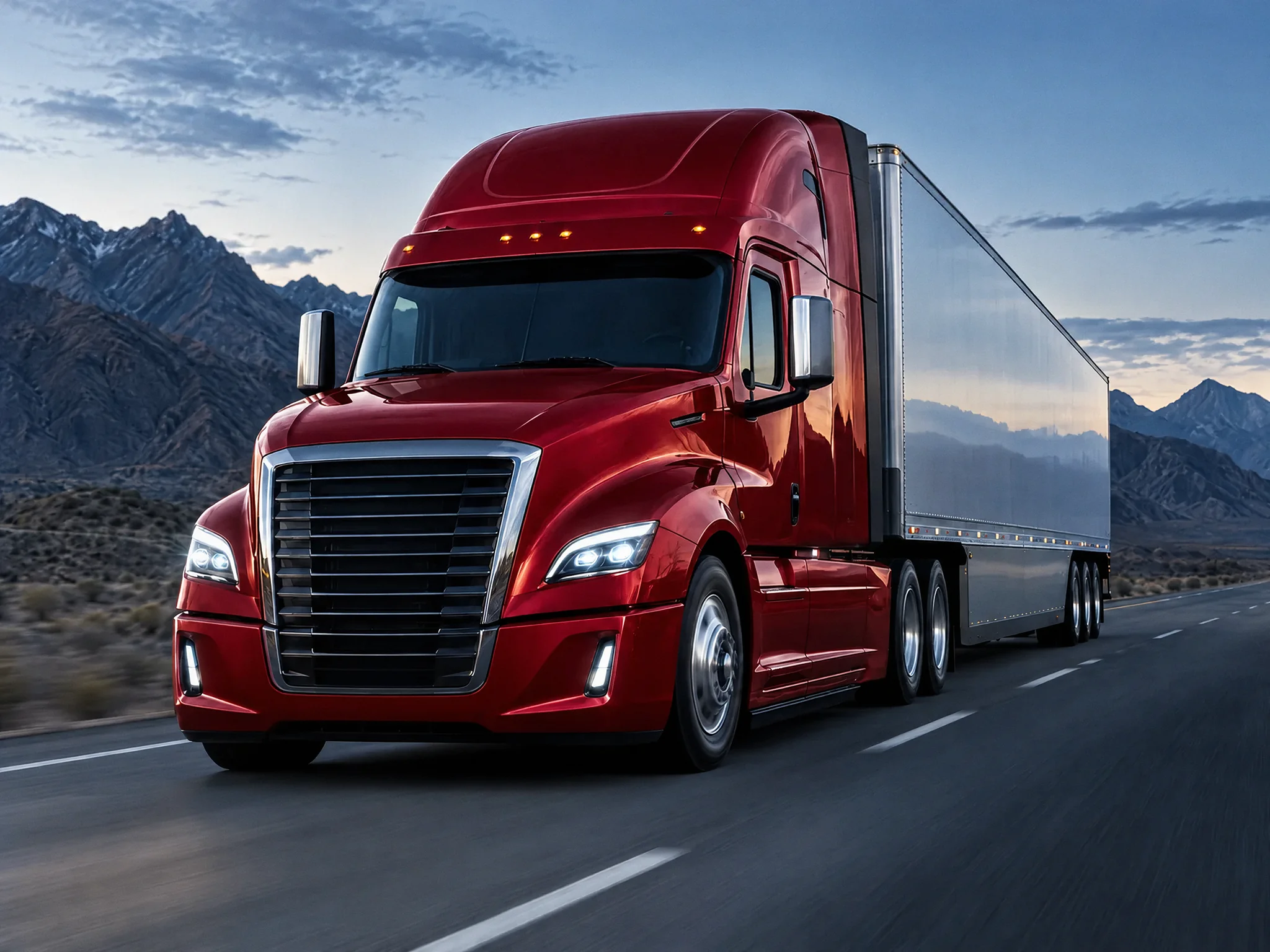 Ruby-red semi-truck driving through a mountain landscape at blue hour