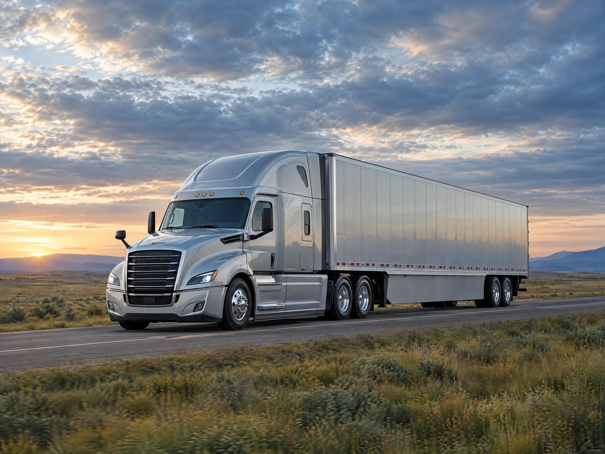 Platinum dry van semi-truck crossing open grassland at dawn