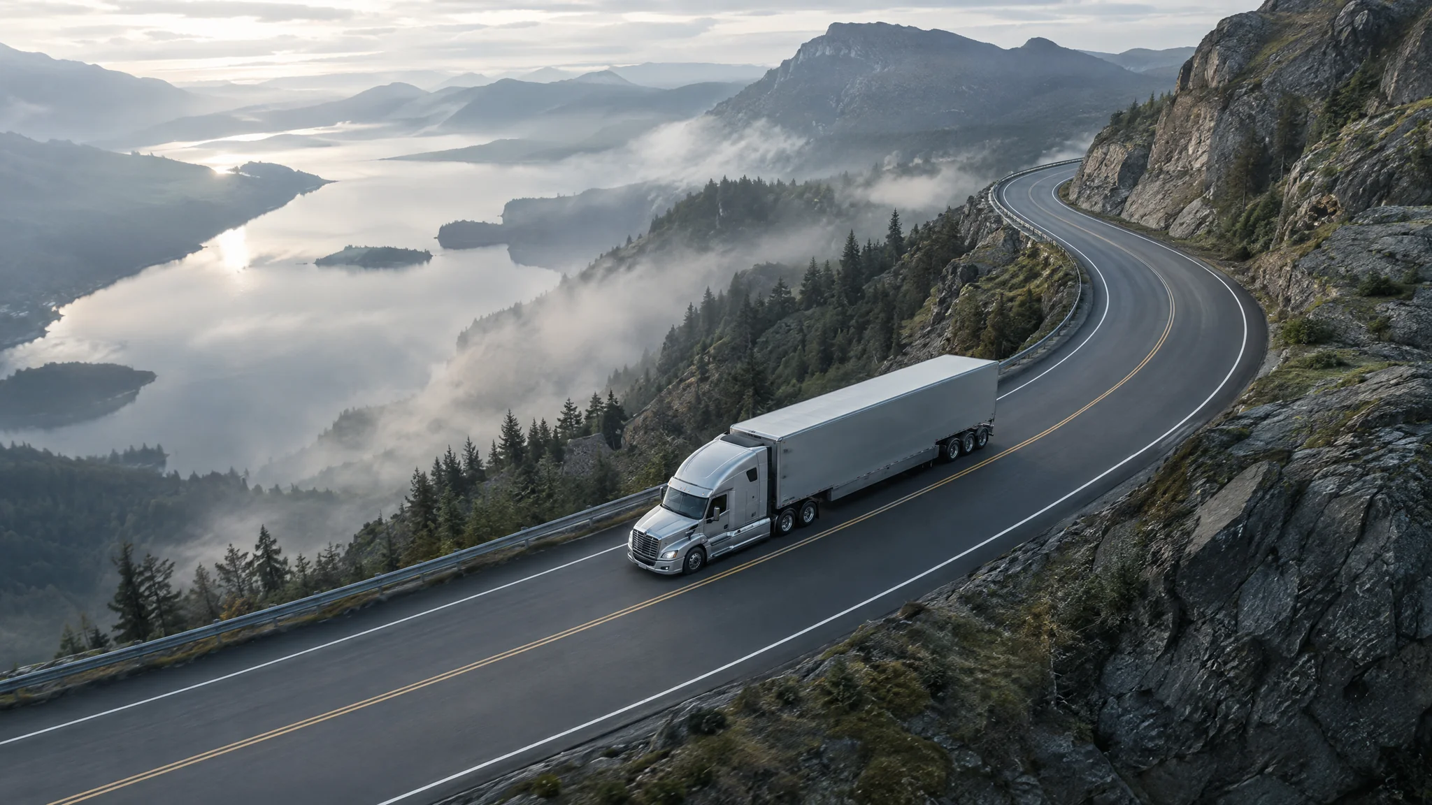 Platinum truck following an alpine road above the clouds